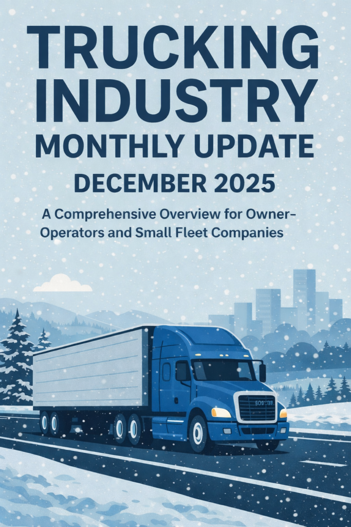 Illustrated semi-truck driving through falling snow on a winter highway for a December trucking industry monthly update.