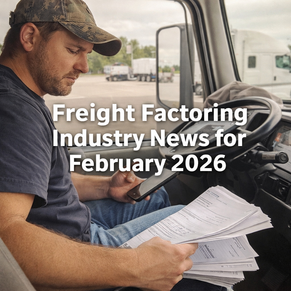 Trucker sitting inside his semi-truck reviewing freight paperwork and using a smartphone, with the headline “Freight Factoring Industry News for February 2026” displayed prominently over the image.