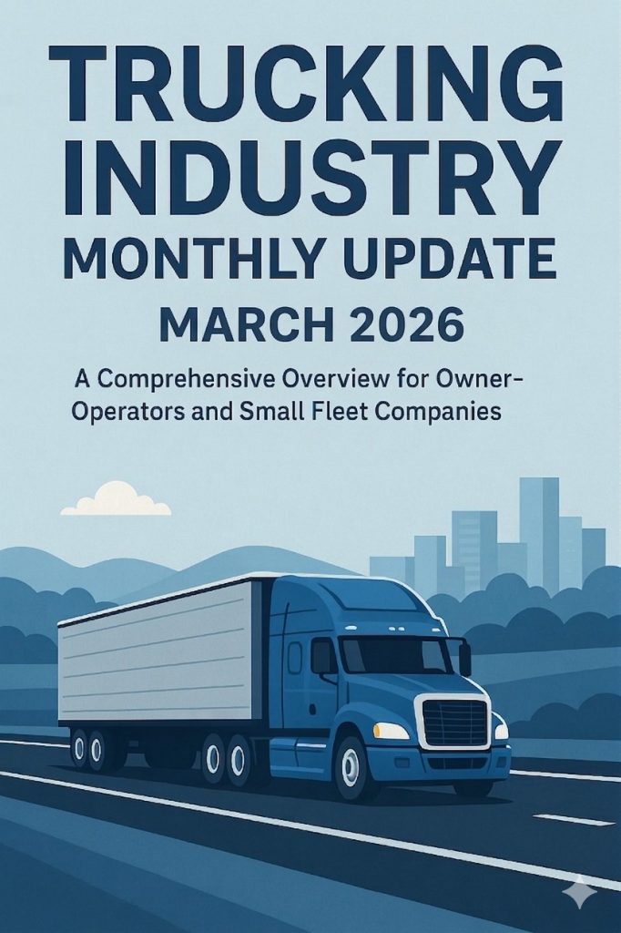 Large text at the top reads: 'TRUCKING INDUSTRY MONTHLY UPDATE MARCH 2026. In the lower half, a stylized vector illustration shows a blue cab with a white container semi-truck driving along a multi-lane highway, moving away. The background features distant dark-blue hills, a specific stylized city skyline, and one small cloud.
